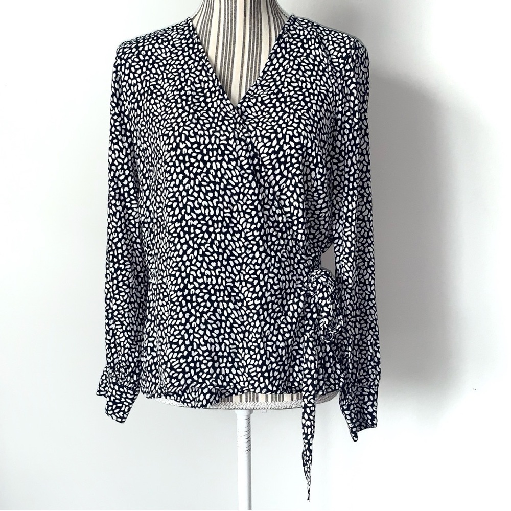 Talbots Leopard Print Faux Wrap Blouse Womens Petite Large Black White Tie work
